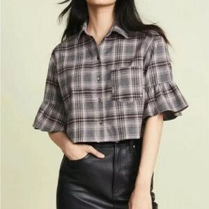 Cinq A Sept Emile Grey Plaid Button Front Crop Top Collared Shirt Cropped Cotton